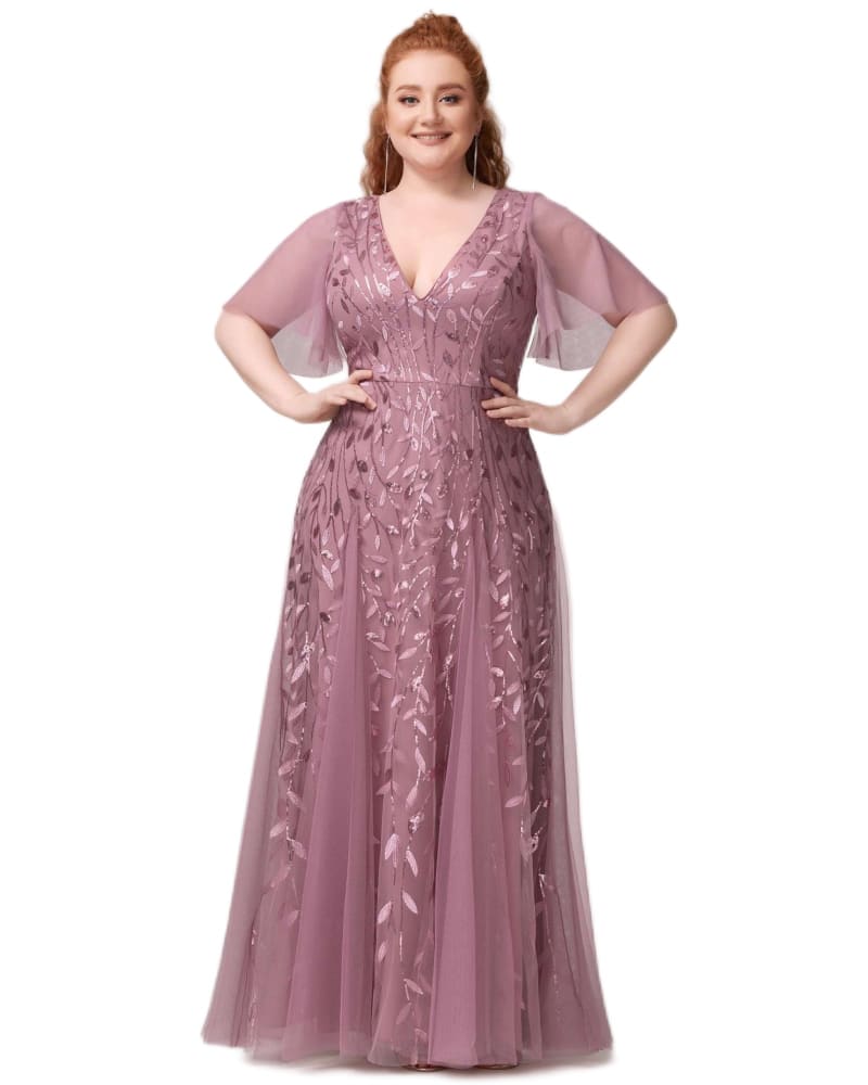 V Neck Ruffle Sleeves Sequin Maxi Evening Dress Purple Orchid